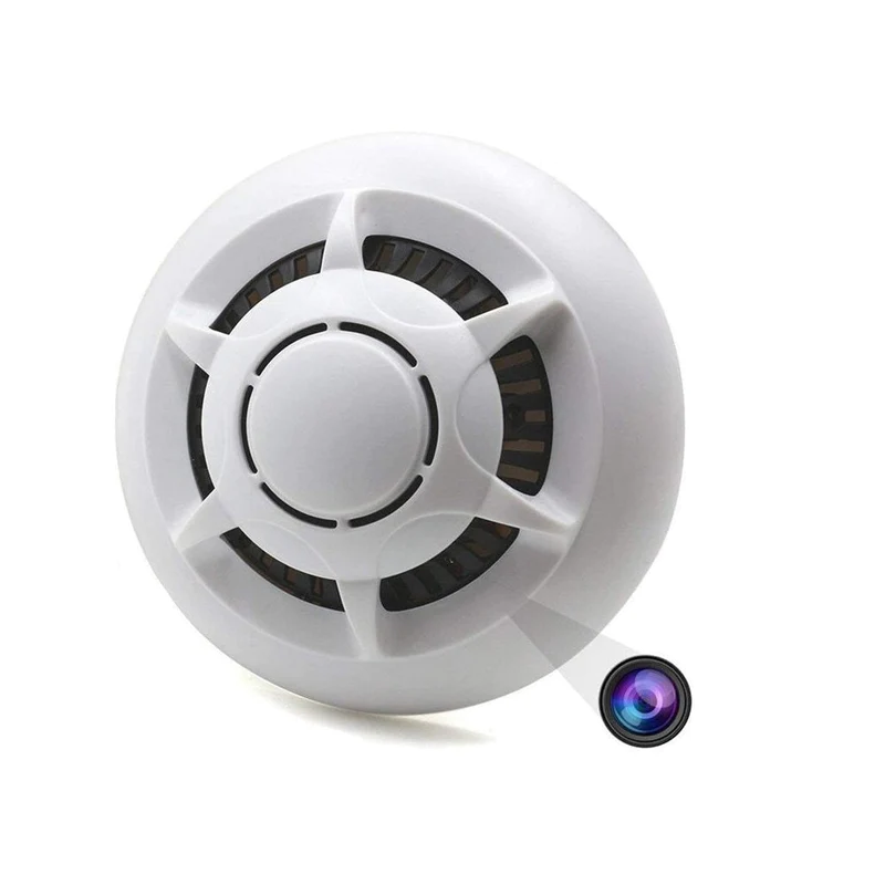 A discreet white smoke detector with a camera for home security.