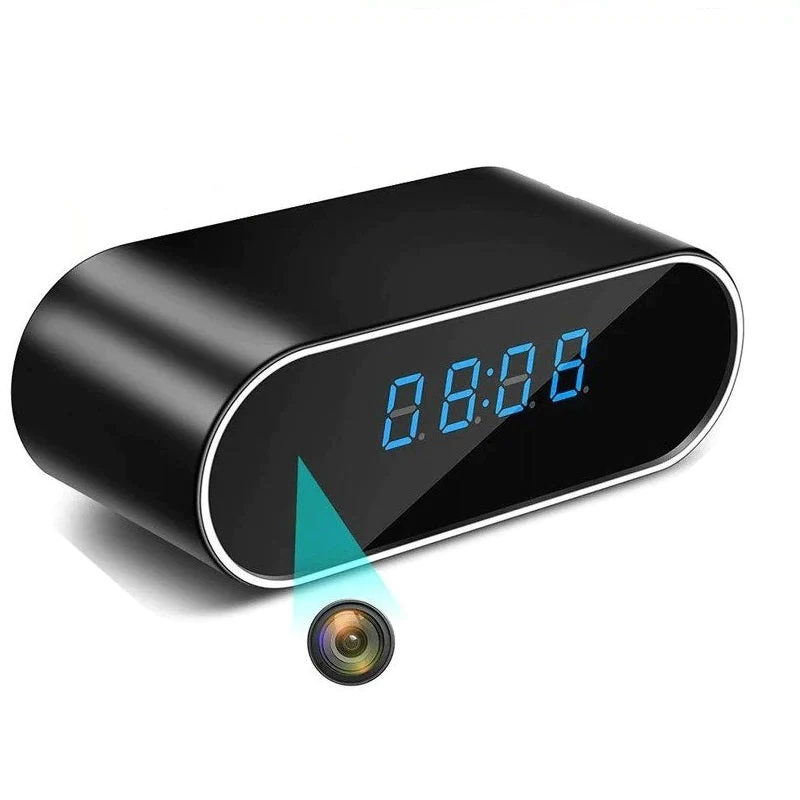 A black clock with a security camera on it.