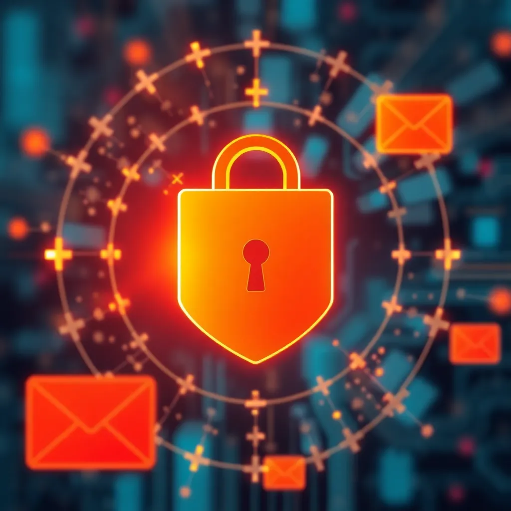A glowing lock symbol is surrounded by email icons on a digital background, representing cybersecurity and data protection.