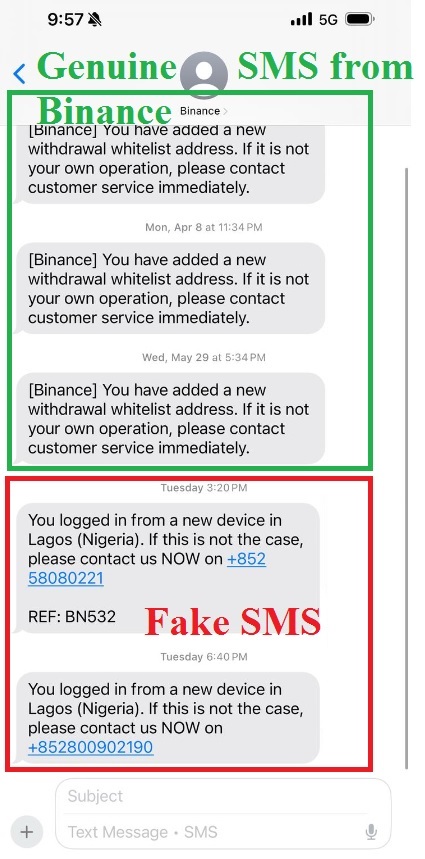 Screenshot of SMS messages showing alerts about new device logins, with notes indicating which messages are genuine and which are fake.