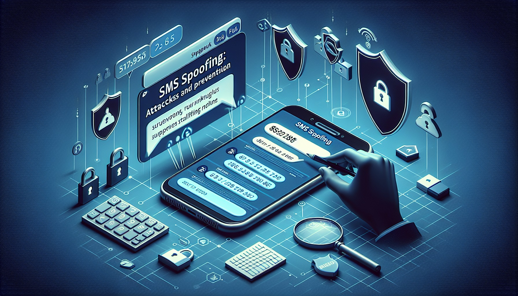 A digital illustration showing a smartphone with SMS spoofing alerts, surrounded by cybersecurity icons like a lock, shield, magnifying glass, keyboard, and padlocks on a grid background.