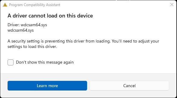 Resolving the wdcsam64.sys Driver Cannot Load on this Deivce without PowerShell