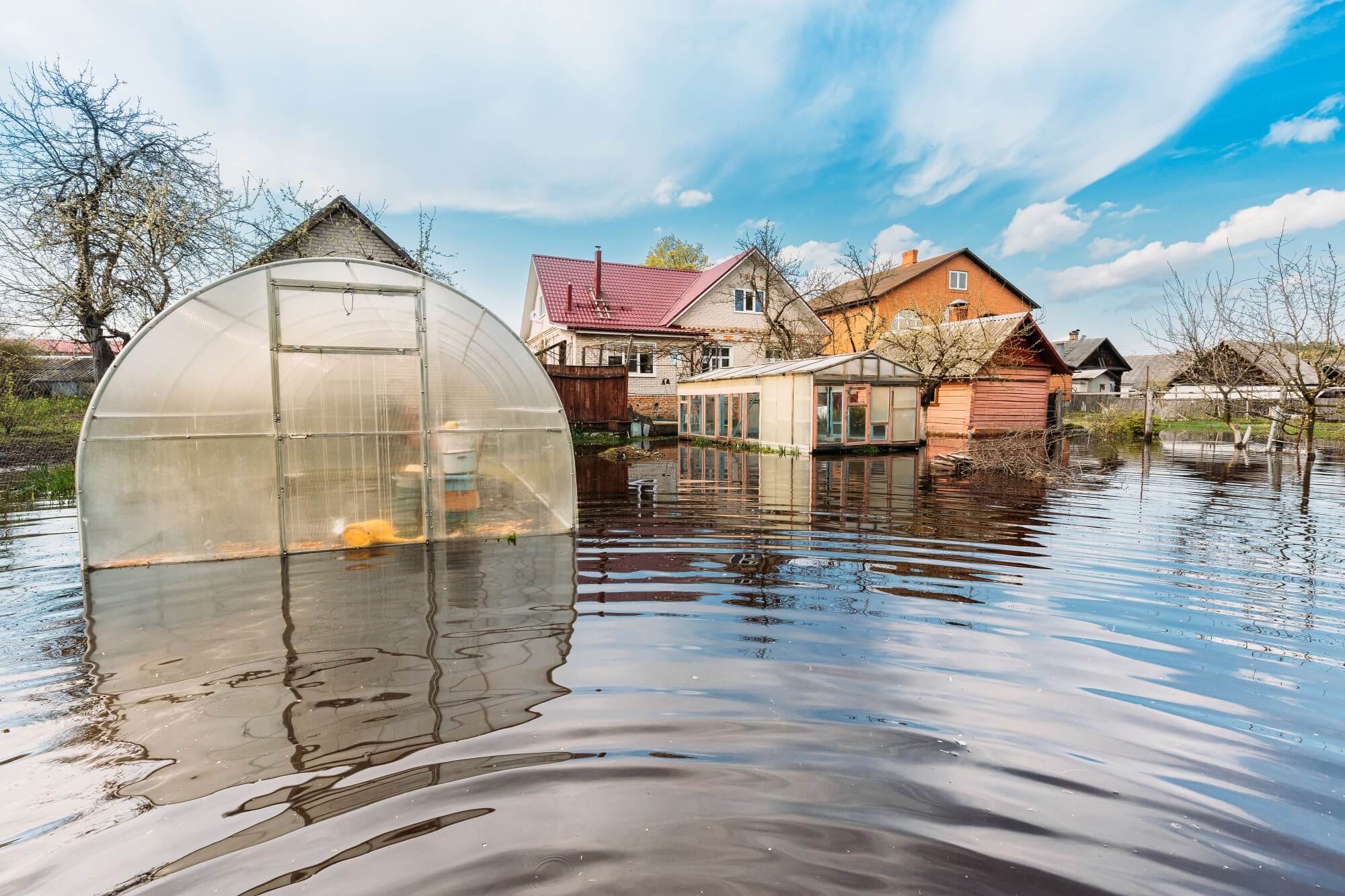Flooded residential area with water covering the ground, submerging greenhouses, trees, and parts of several houses under a blue sky with clouds.