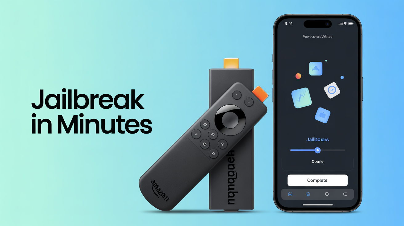 Amazon Fire TV Stick and remote are shown next to a smartphone screen displaying a jailbreak interface with app icons and the text "Jailbreak in Minutes.
