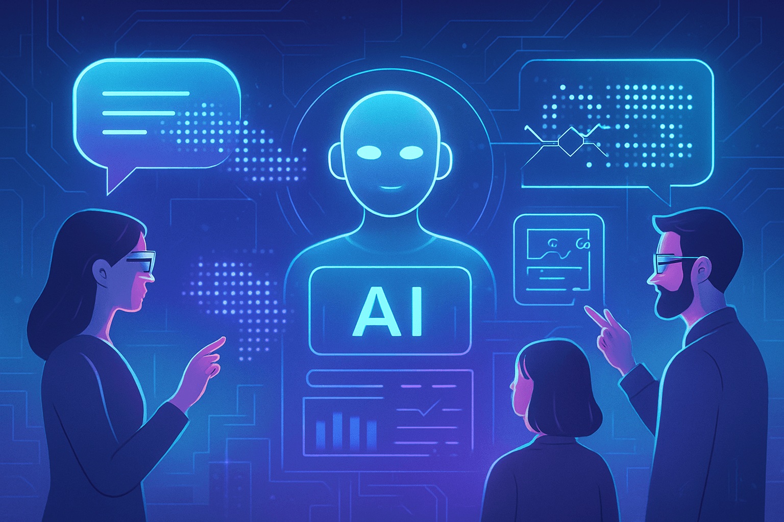 Three people interact with a large digital AI interface, using smart devices to access charts, data, and speech bubbles in a futuristic, neon-lit setting.