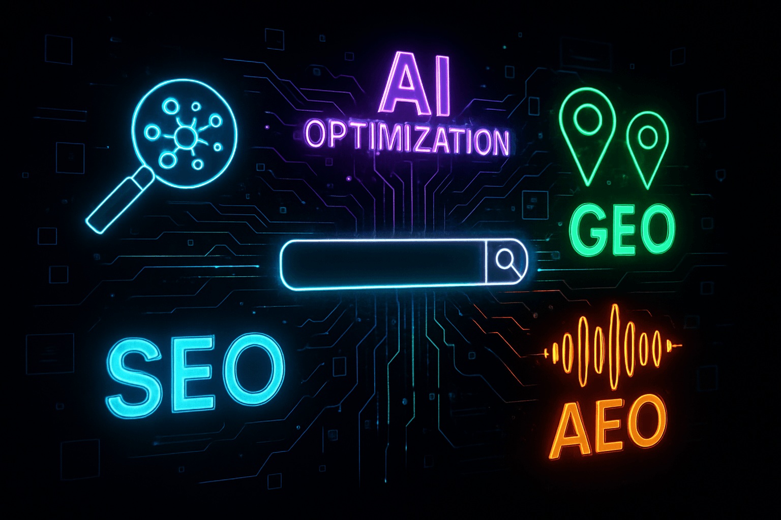 Neon icons and text illustrate AI Optimization, SEO, GEO, and AEO concepts encircling a glowing search bar on a dark digital background, highlighting AIO's impactful role in the digital landscape.