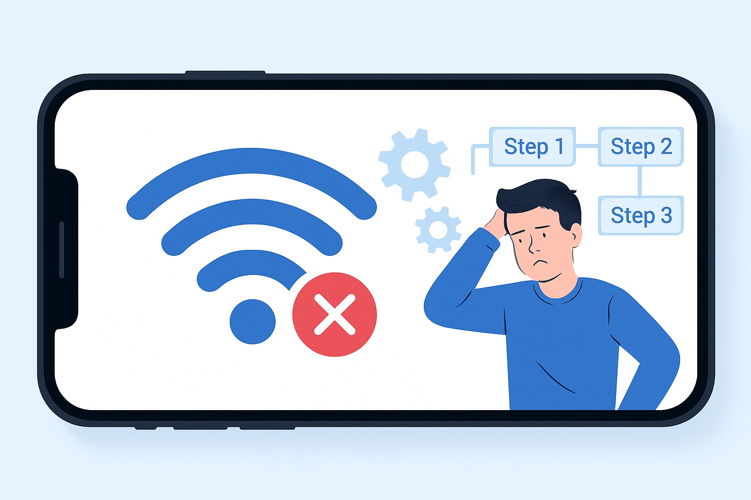 A worried person looks at a large Wi-Fi symbol with an error mark on an iPhone screen, alongside gears and a flowchart labeled Step 1, Step 2, and Step 3—highlighting issues when you fail to connect WiFi using VPN.