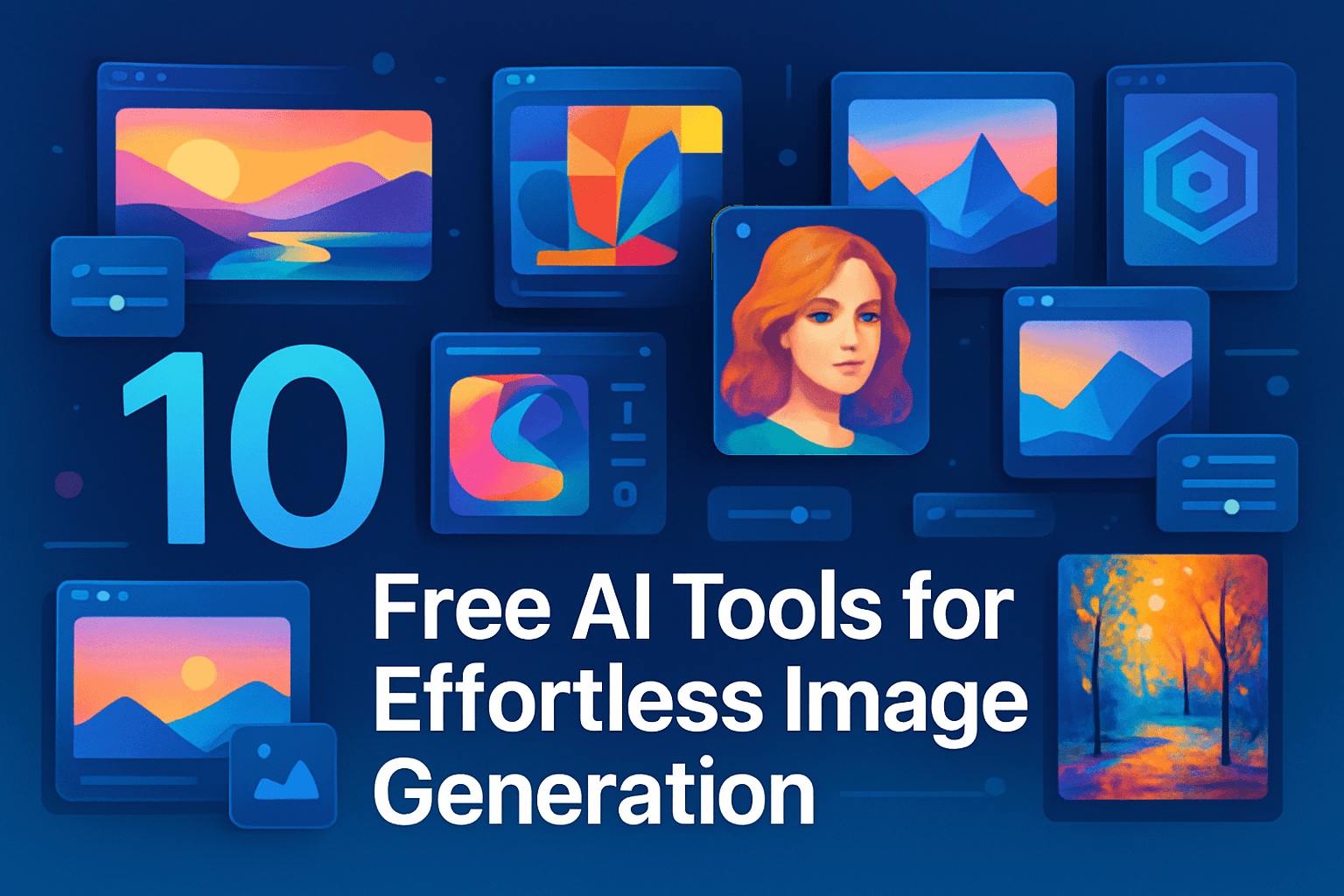 A digital graphic displays "10 Free AI Tools for Effortless Image Generation" with stylized AI image icons and sliders on a blue background.