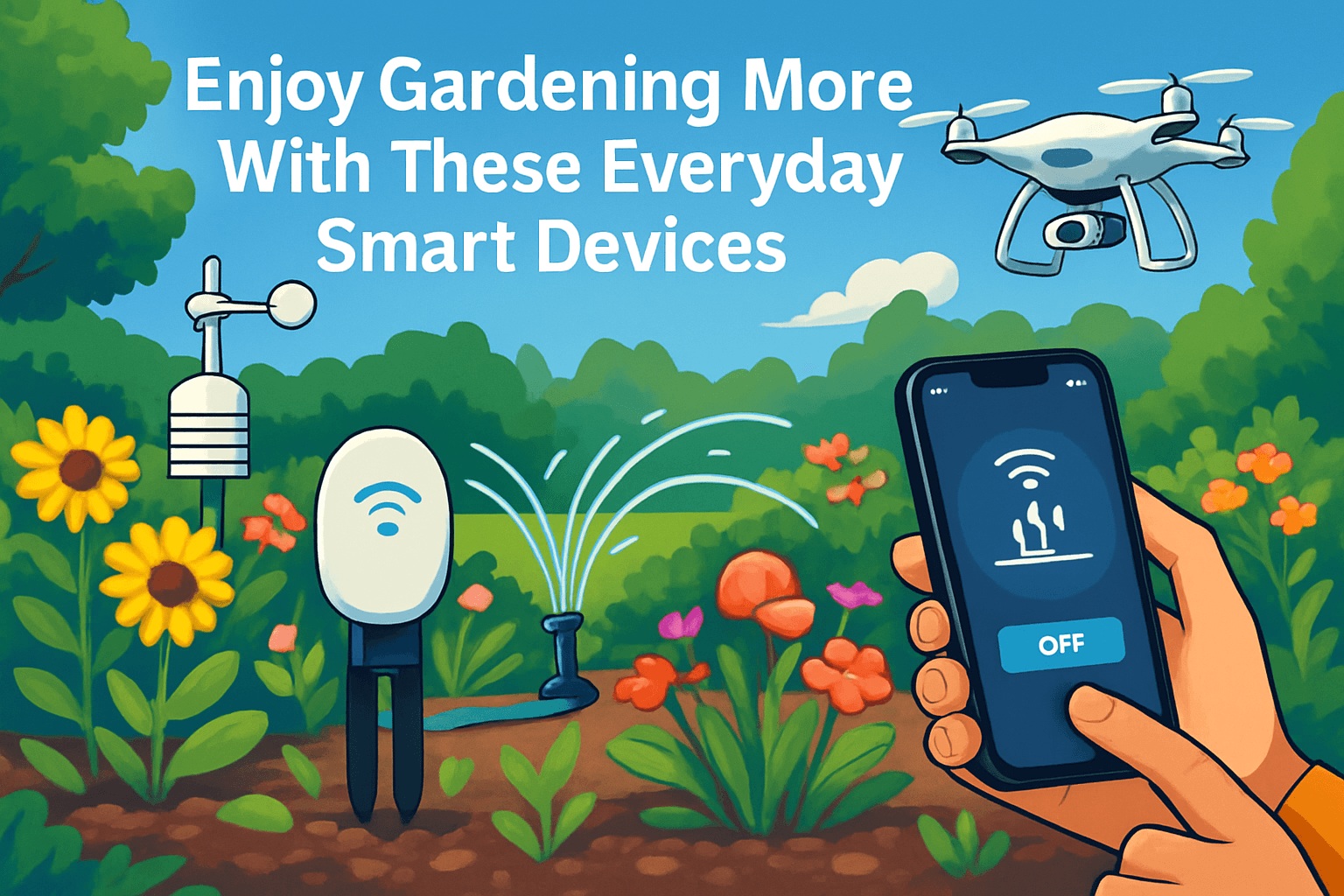 Illustration of a garden with smart devices: a weather sensor, soil sensor, sprinkler, drone, and a hand holding a smartphone with a gardening app. Text highlights easy garden maintenance and monitoring plant health with smart technology.