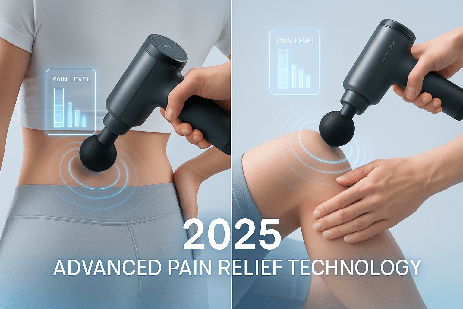 A person uses a massage gun on their lower back and knee, with digital graphics showing reduced muscle tension and pain, alongside the text "2025 Advanced Pain Relief Technology.