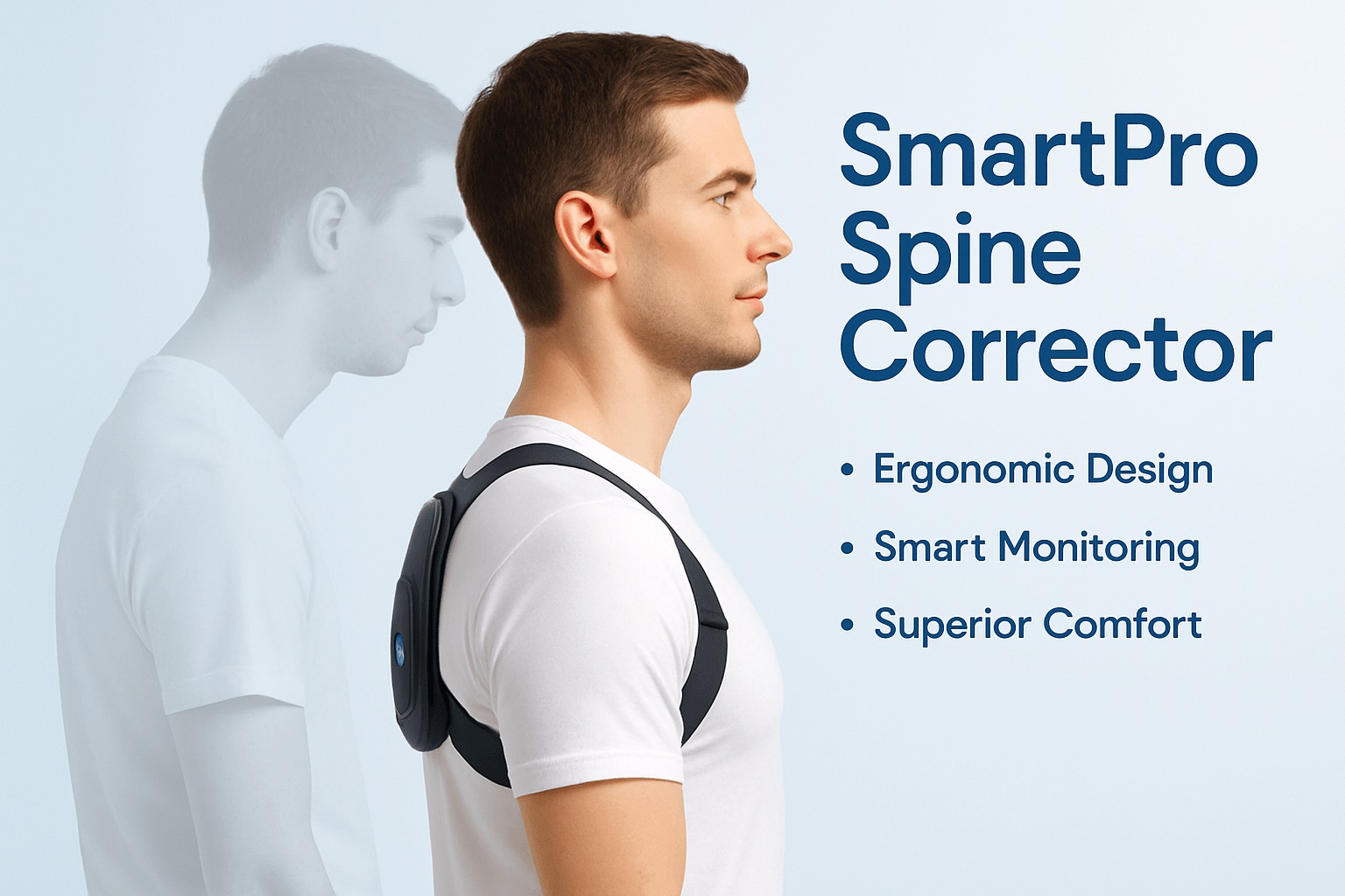 Man wearing a posture corrector device, shown in profile view, with product features listed: ergonomic design, smart monitoring, and superior comfort to help relieve back pain and support your spine as an effective spine corrector.