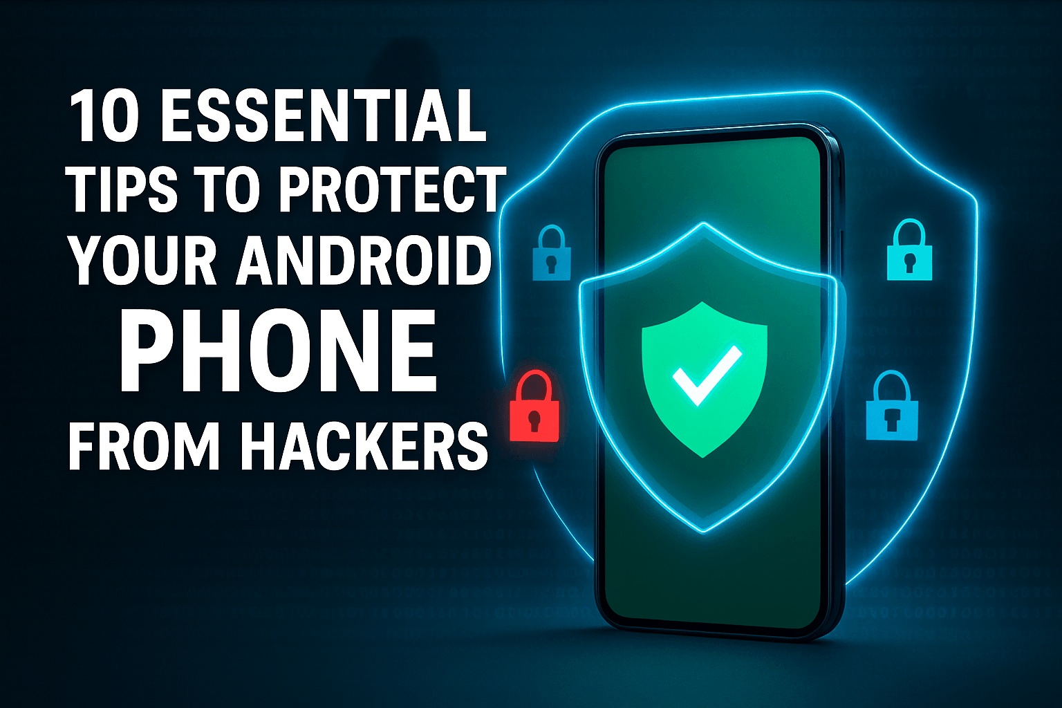 A smartphone with a shield icon and checkmark appears next to the text: "10 essential tips to protect your Android phone from hackers," with padlock icons in the background, emphasizing ways to prevent phone hacking.
