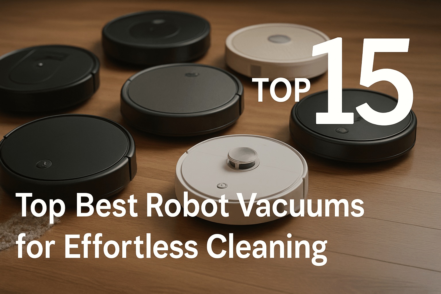 Several round robot vacuums are arranged on a wooden floor, with the text "Top 15 Best Robot Vacuums for Effortless Cleaning" overlaid, highlighting innovative cleaning solutions for modern homes.