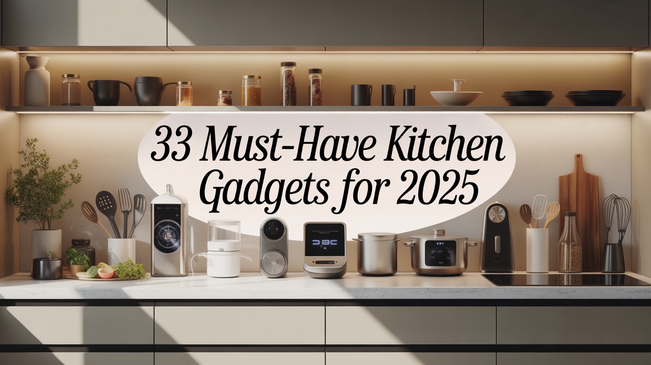 A modern kitchen counter displays various kitchen gadgets and utensils, with text reading "33 Must-Have Kitchen Gadgets for 2025"—perfect for anyone seeking a handy kitchen tool for easy cooking.