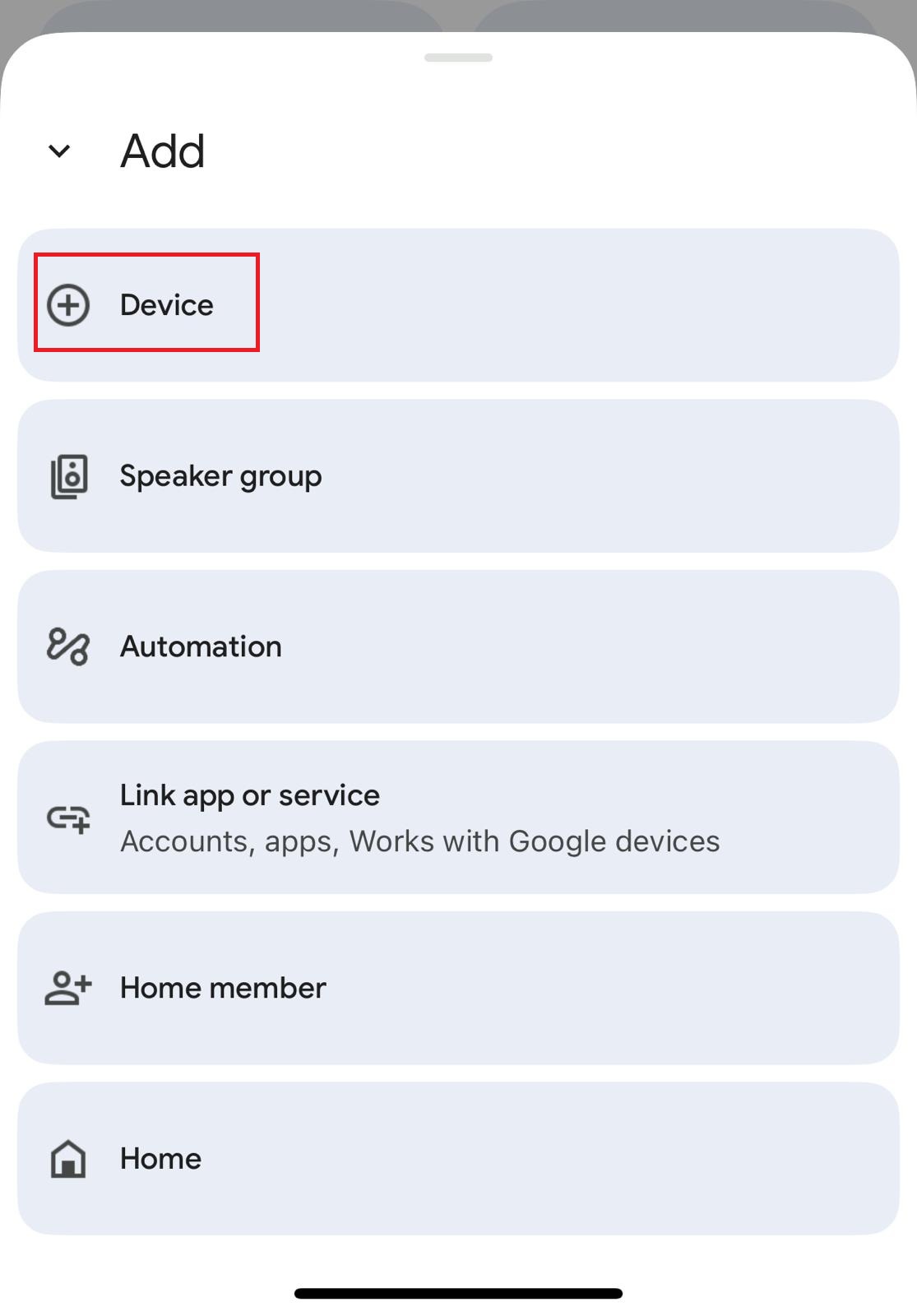 A smartphone screen displays the "Add" menu with options: Device, Speaker group, Automation, Link app or service, Home member, and Home. Device is highlighted with a red box.