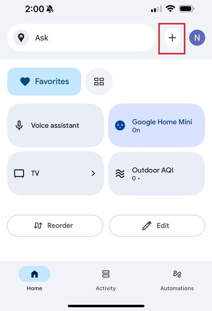A smartphone screen shows a smart home app interface with options for Favorites, Google Home Mini, TV, Outdoor AQI, and buttons for Reorder, Edit, and adding new devices.