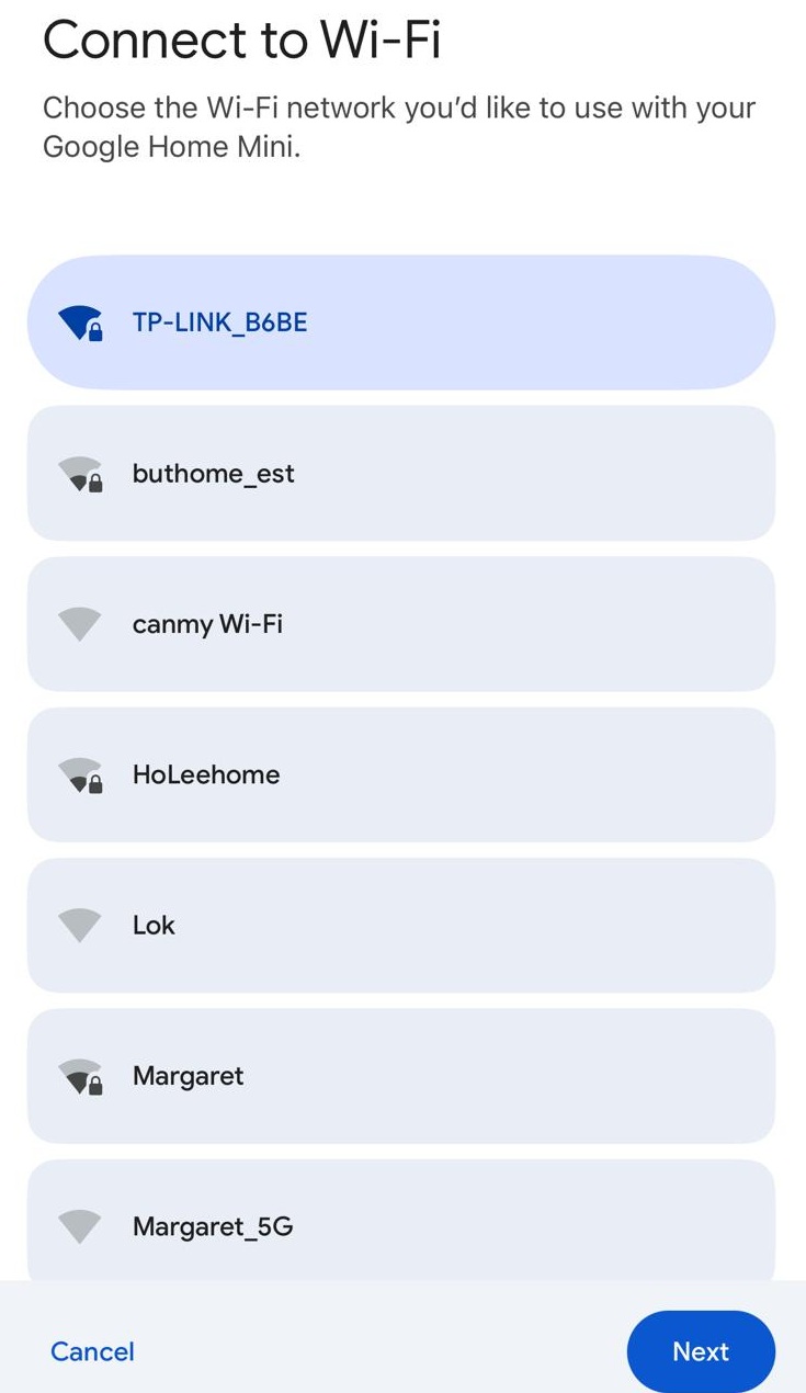 A screen displays a list of available Wi-Fi networks to connect a Google Home device, with "TP-LINK_B6BE" selected. "Next" and "Cancel" buttons are at the bottom.