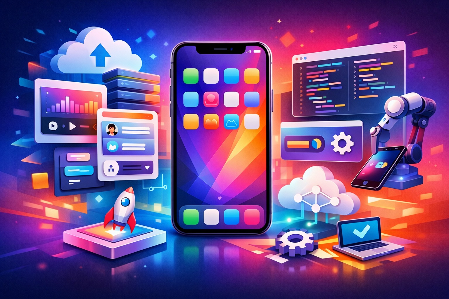 A smartphone surrounded by colorful digital icons, charts, coding screens, cloud symbols, a robot arm, a rocket, and gears, representing app development and technology concepts.