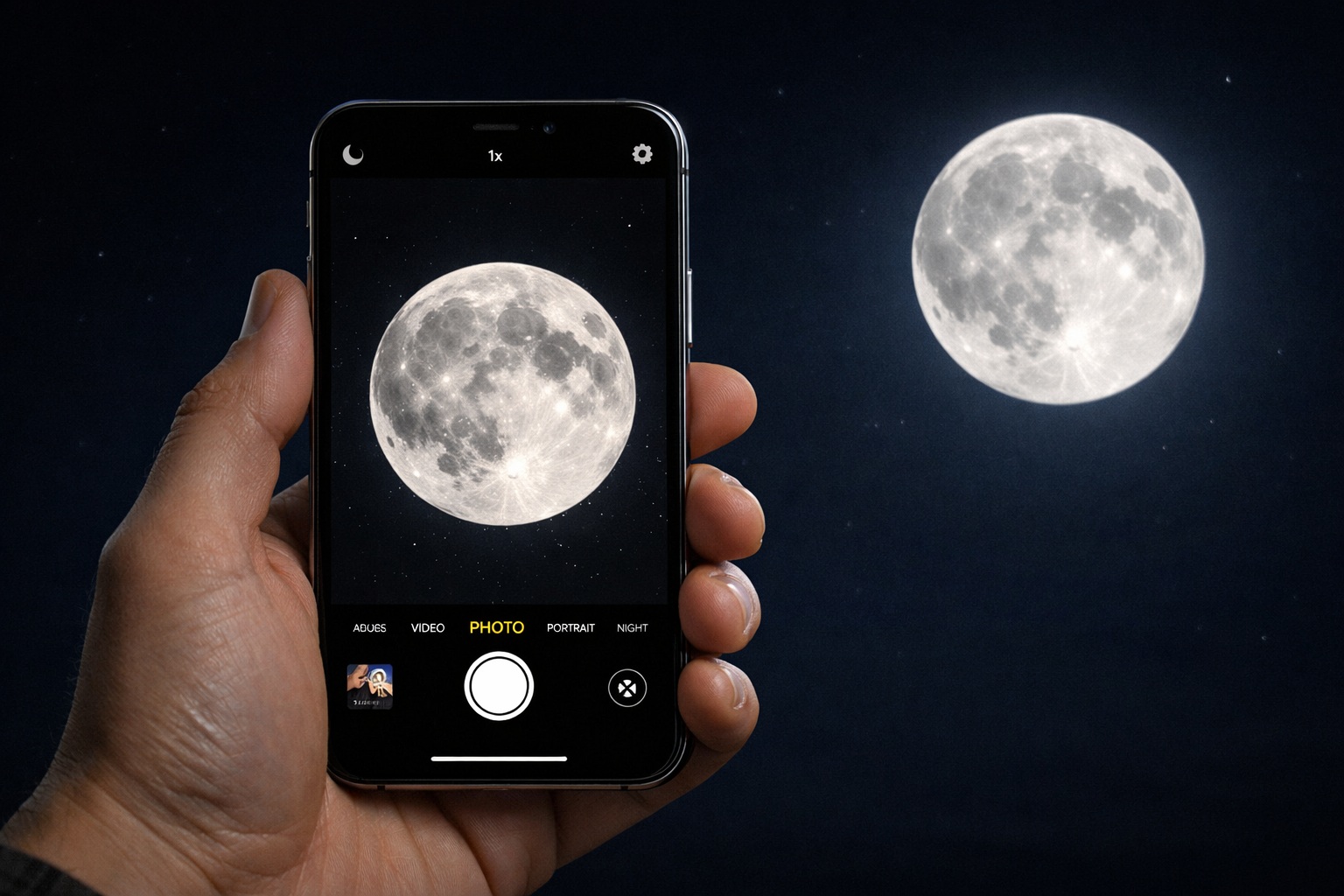 A hand holds a smartphone, capturing a photo of the full moon in the night sky; the moon is visible both in real life and on the phone screen.