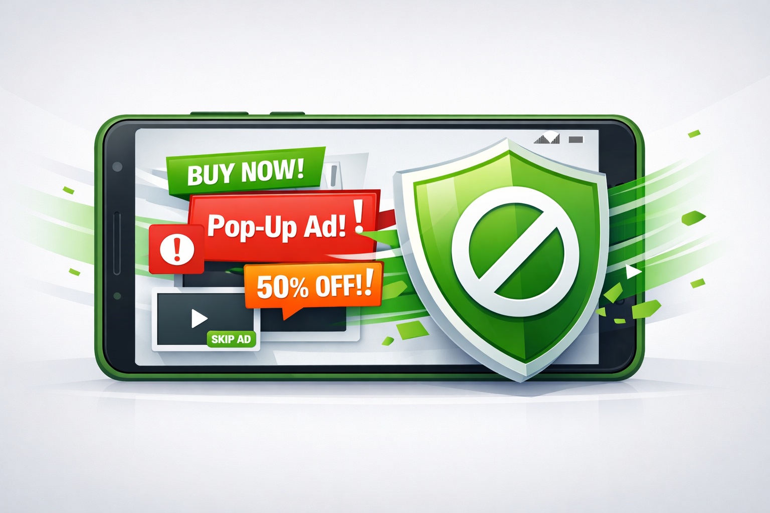 A smartphone screen displays pop-up ads and a green shield icon with a slash, symbolizing ad blocking or protection from intrusive advertisements.