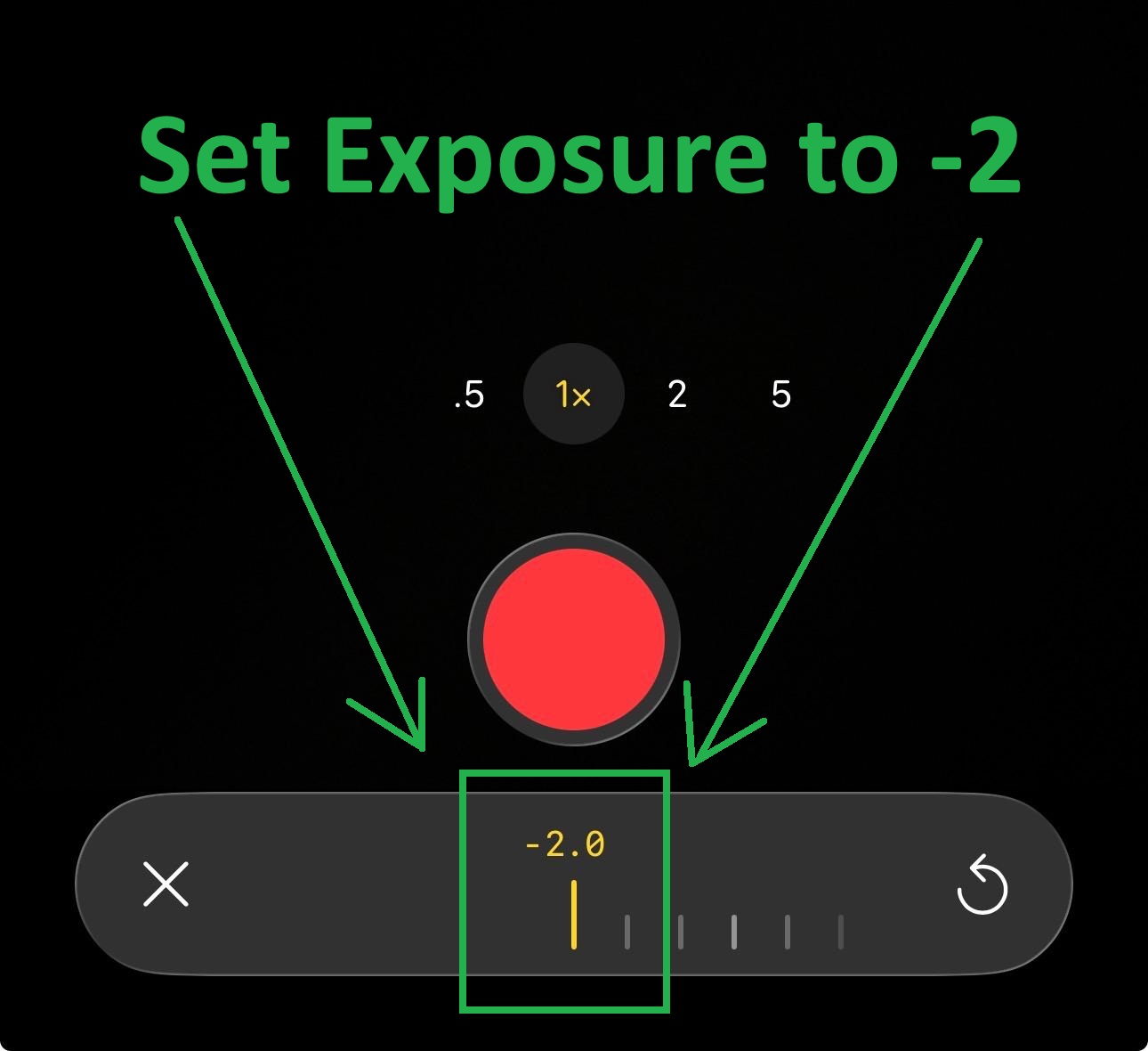 Screenshot of a camera app interface with instructions and arrows showing how to set exposure to -2 before capturing a photo.