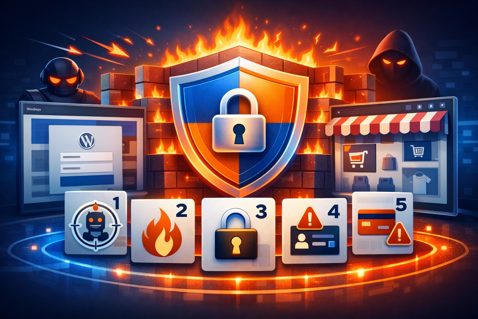A digital shield with a lock is surrounded by security icons, fire, and masked figures near website interfaces, symbolizing online security and cyber threats.