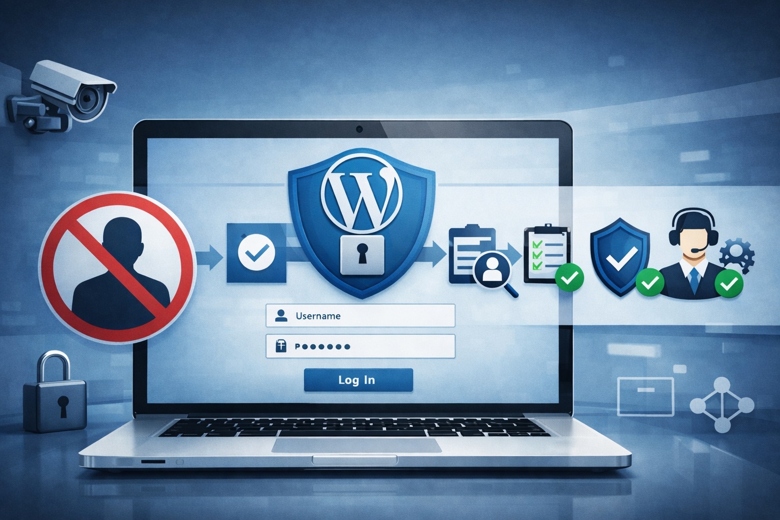 Laptop displaying a WordPress login screen with security icons, a shield, a checkmark, a user with a headset, and a no-entry sign, illustrating website login protection processes.